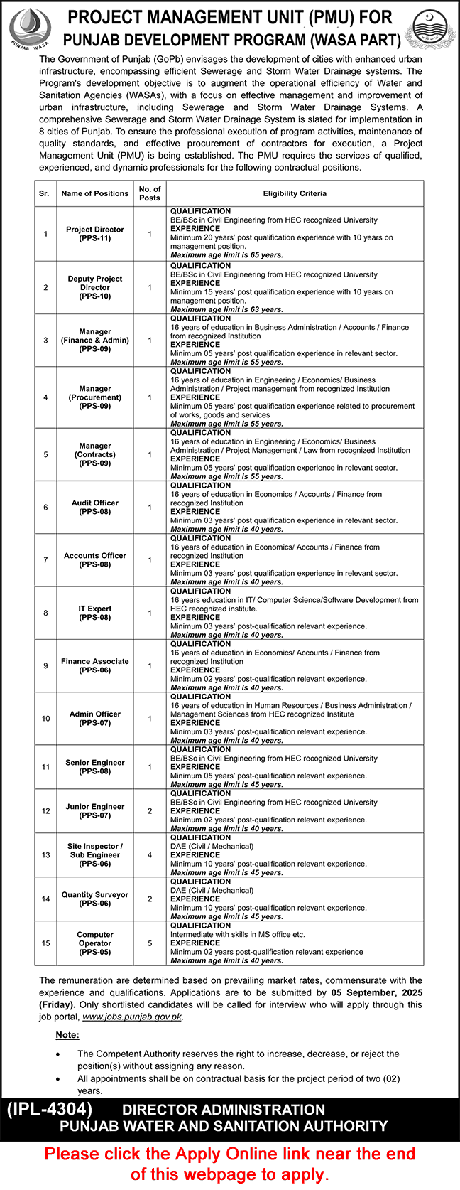 Water and Sanitation Authority Punjab Jobs 2025 August Apply Online Computer Operators, Site Inspectors & Others Latest