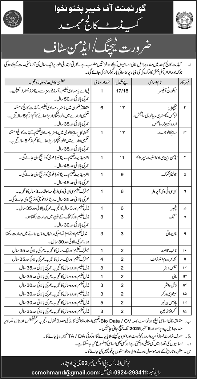 Cadet College Mohmand Jobs August 2025 Lecturers, Class Room Attendants, House Bearers & Others Latest