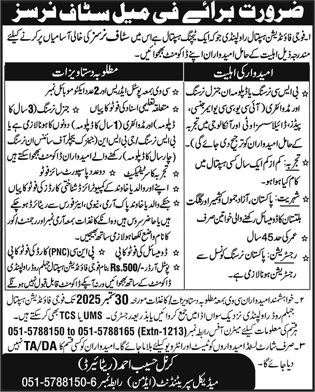 Staff Nurse Jobs in Fauji Foundation Hospital Rawalpindi August 2025 Latest
