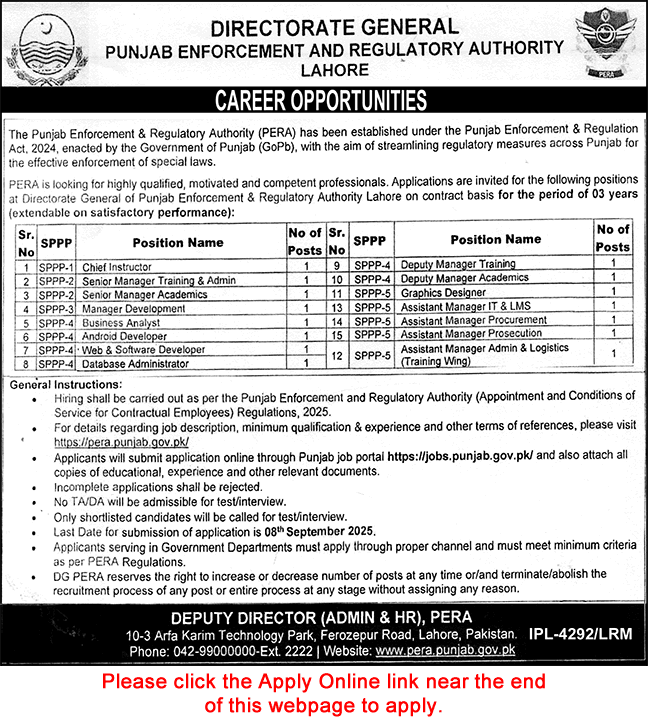 Punjab Enforcement and Regulatory Authority Lahore Jobs August 2025 Apply Online PERA Latest