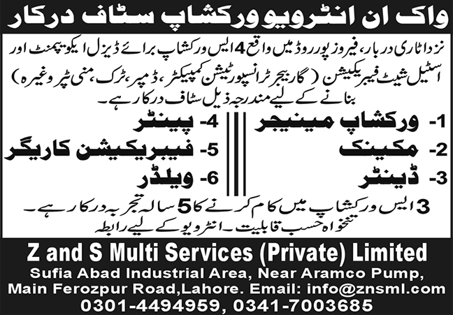 Z&S Multi Services Pvt Ltd Lahore Jobs 2025 August / September Welder, Denter, Painter & Others Latest