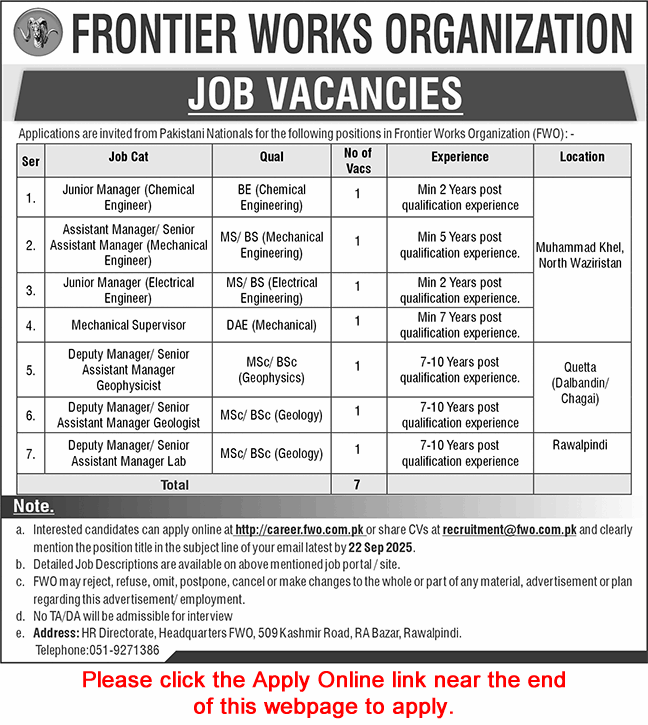 FWO Jobs September 2025 Apply Online Frontier Works Organization Latest