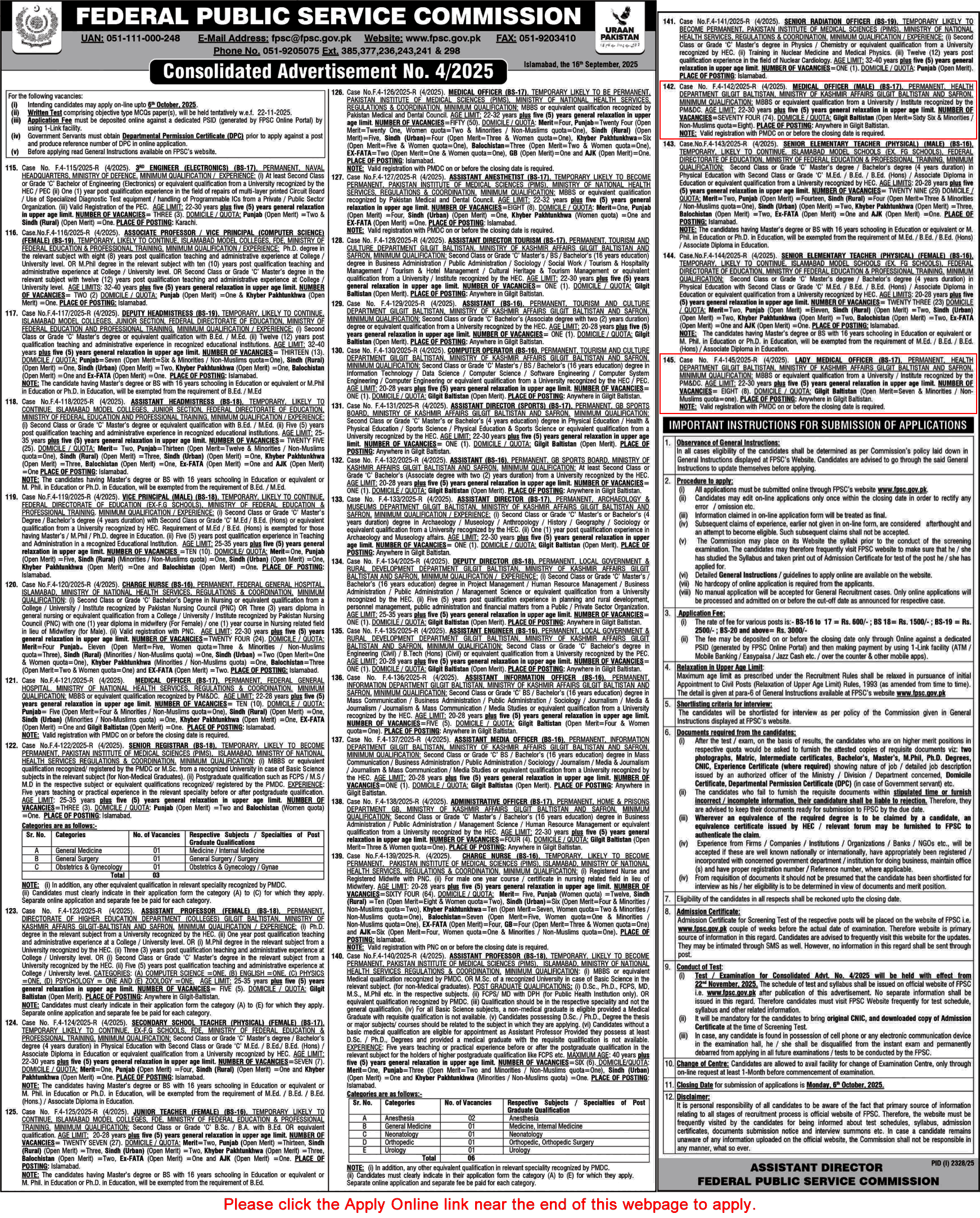 Health Department Gilgit Baltistan Jobs September 2025 FPSC Apply Online Medical Officers & Lady Medical Officers Latest