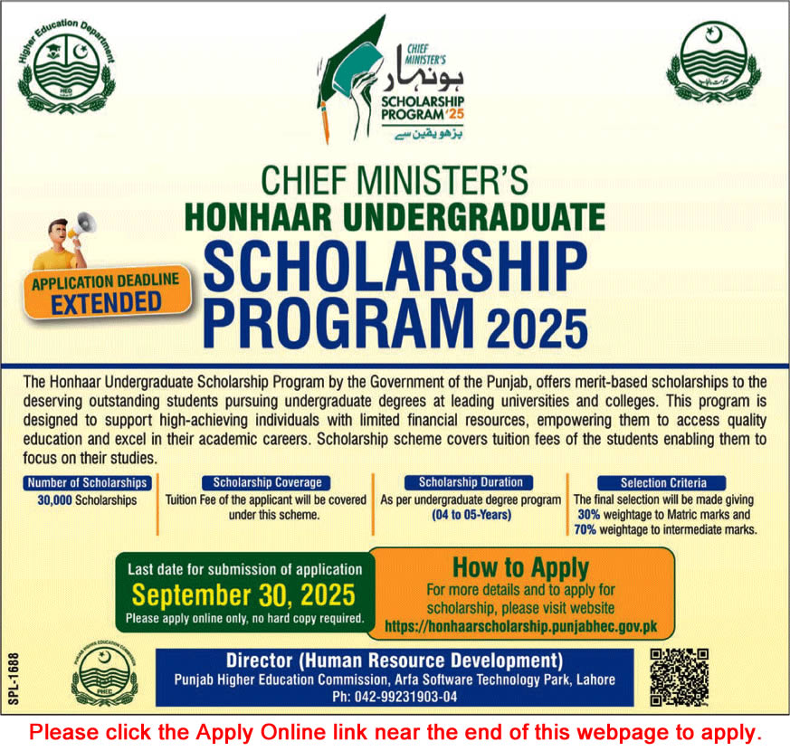 Chief Minister Punjab Honhaar Scholarship Program 2025 September Apply Online HEC Latest