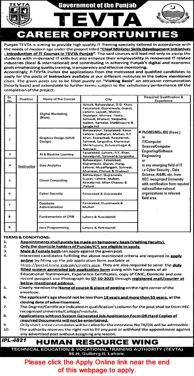 Instructor jobs in TEVTA Punjab September 2025 October Apply Online Technical Education and Vocational Training Authority Latest