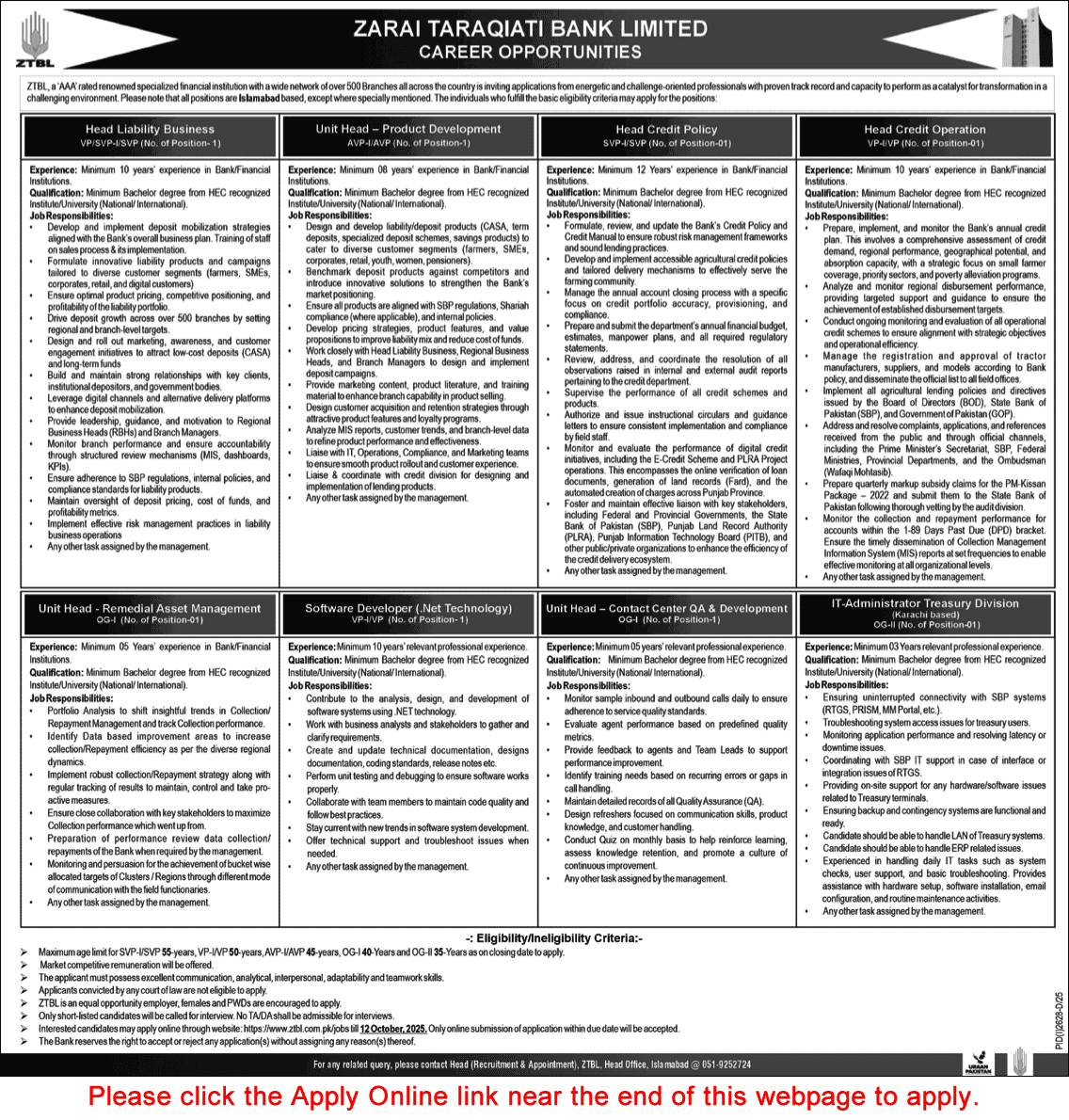 ZTBL Jobs September 2025 October Apply Online Software Developers, IT Administrator & Others Latest