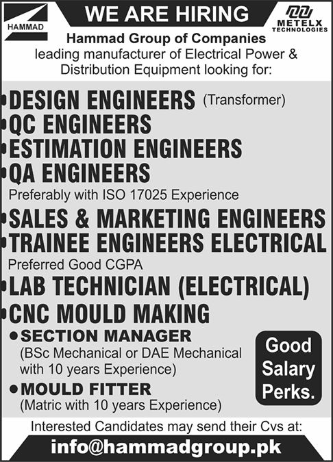 Hammad Group of Companies Lahore Jobs 2025 October Trainee Engineers & Others Latest