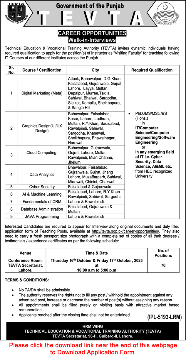 Instructor Jobs in TEVTA Punjab October 2025 Application Form Visiting Faculty Walk in Interviews Latest