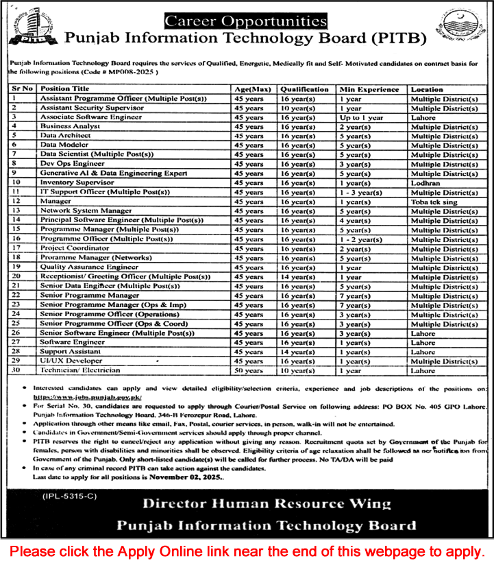 PITB Jobs October 2025 Apply Online Punjab Information Technology Board Latest