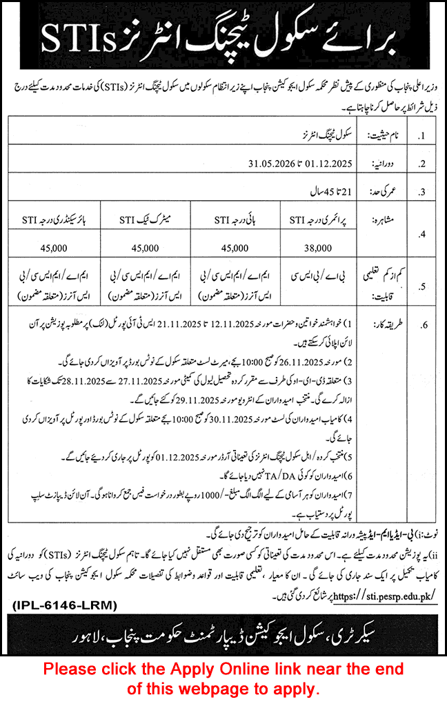 School Teaching Intern Jobs in Punjab School Education Department 2025 November Apply Online STIs Latest