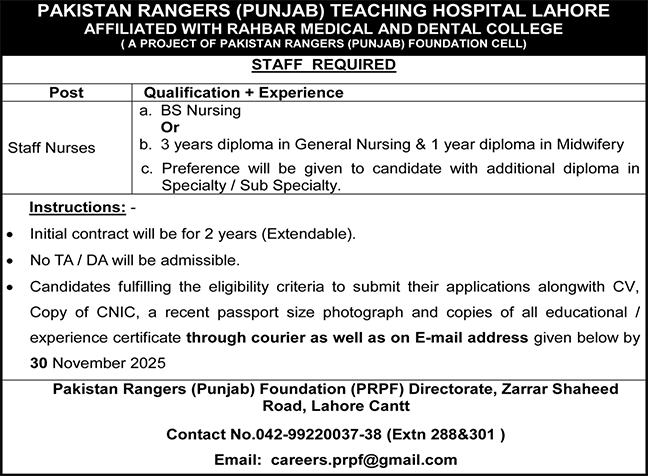 Staff Nurse Jobs in Pakistan Rangers Punjab Teaching Hospital Lahore November 2025 Latest