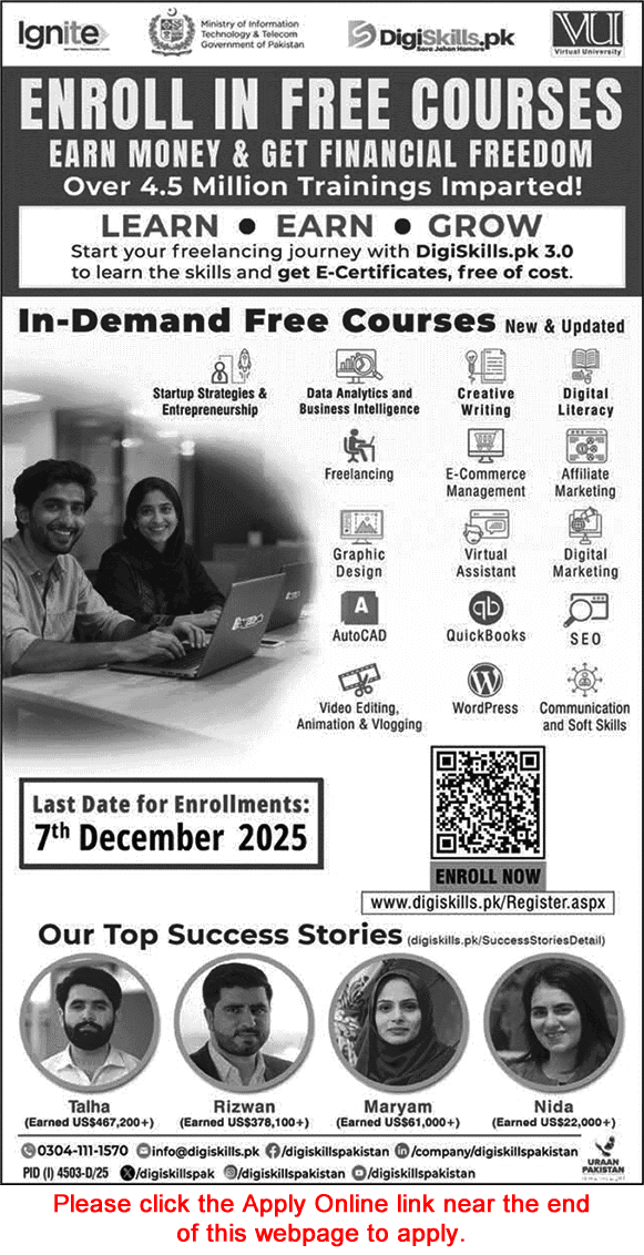 Digiskills Pakistan Free Online Courses November 2025 December Online Application / Registration Form Latest