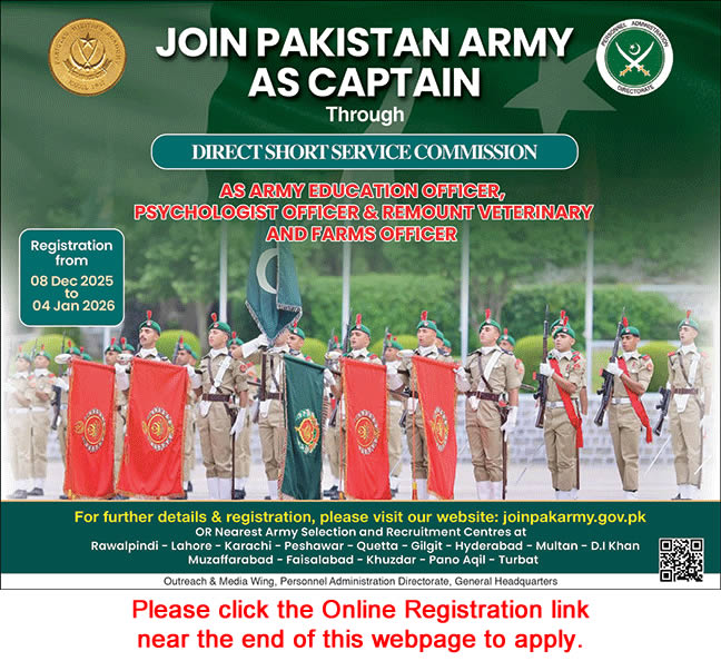 Join Pakistan Army as Captain December 2025 through Direct Short Service Commission Online Registration Latest