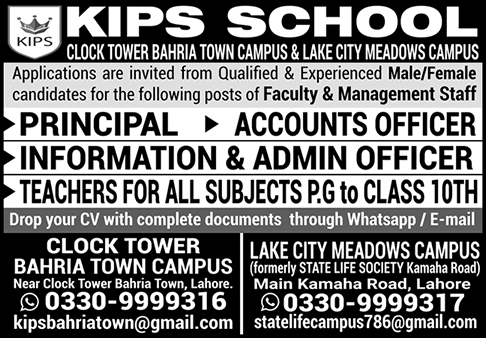 KIPS School Lahore Jobs December 2025 Teachers & Others at Clock Tower Bahria Town & Lake City Meadows Campuses Latest