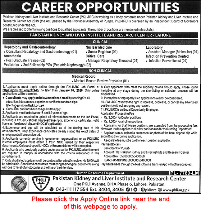 PKLI Lahore Jobs December 2025 Apply Online Pakistan Kidney and Liver Institute and Research Center Latest