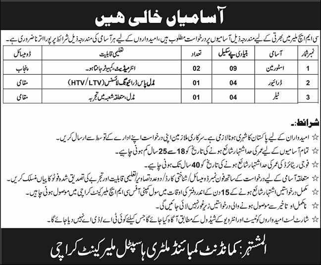 CMH Malir Cantt Karachi Jobs December 2025 Storeman, Driver & Tailor Combined Military Hospital Latest