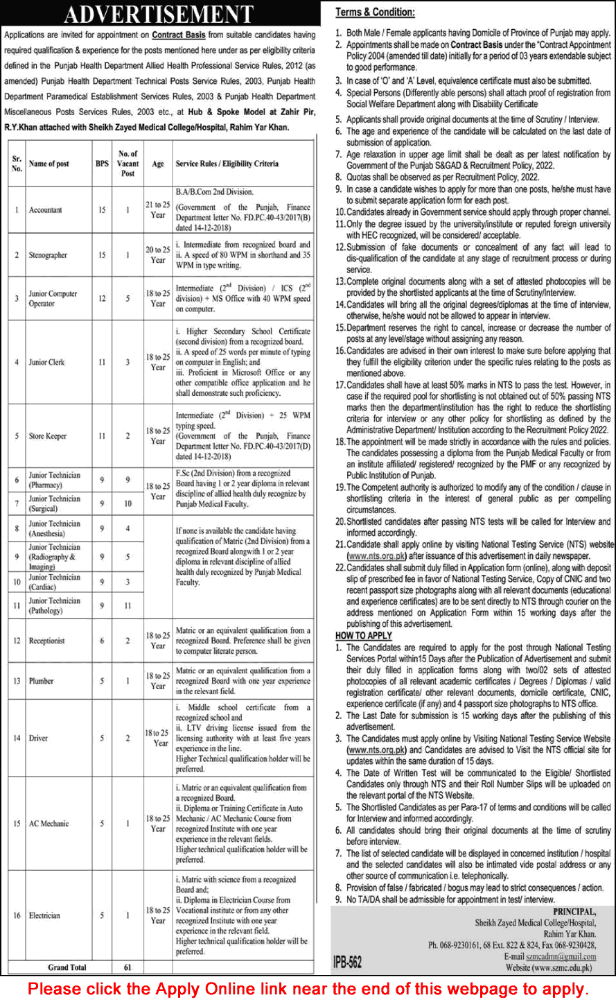 Sheikh Zayed Medical College / Hospital Rahim Yar Khan Jobs December 2025 / 2026 NTS Apply Online Latest