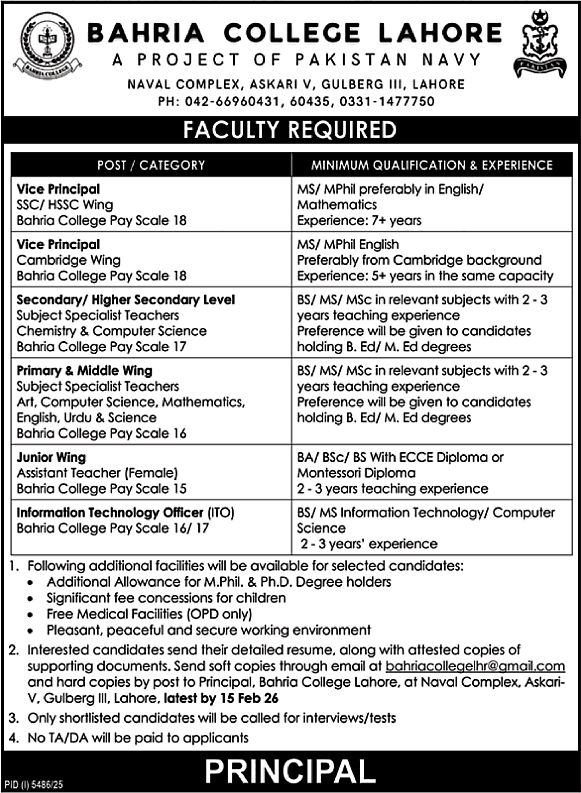 Bahria College Lahore Jobs 2026 Teaching Faculty & Others Pakistan Navy Latest