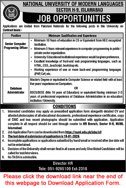 NUML University Islamabad Jobs 2026 Application Form Computer Programming Officer & Database Administrator Latest