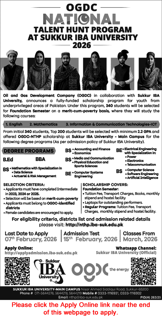 OGDCL National Talent Hunt Program 2026 Admission Form IBA Sukkur NTHP Latest