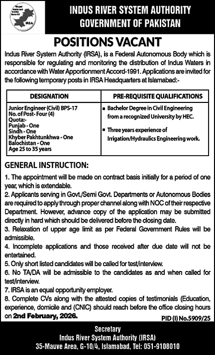 Civil Engineer Jobs in Indus River System Authority Islamabad 2026 IRSA Junior Engineers Latest