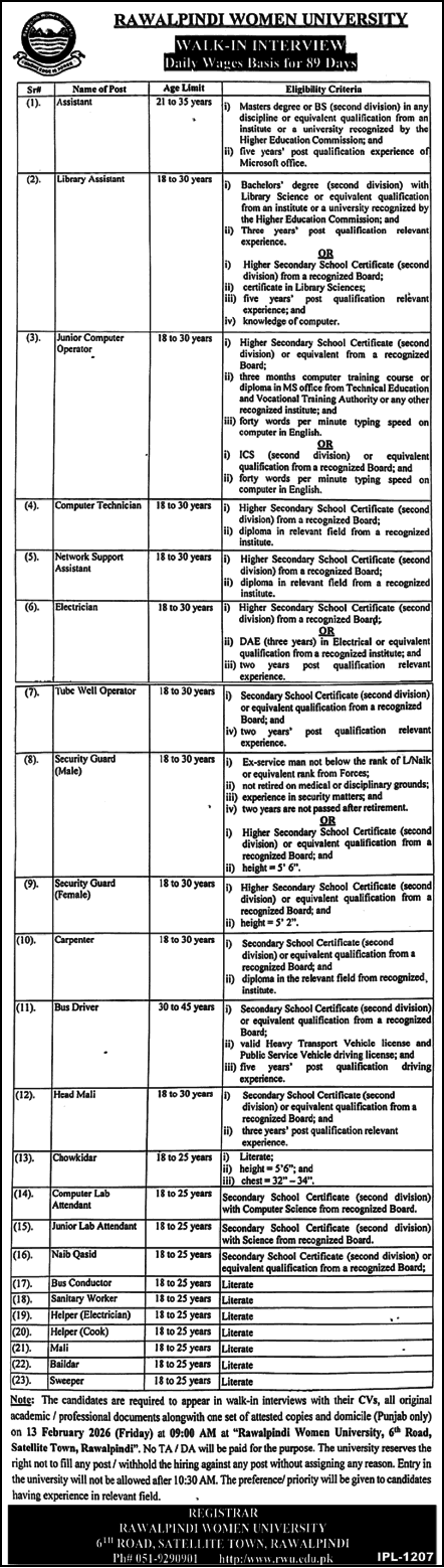 Rawalpindi Women University Jobs 2026 February Assistant, Computer Operator & Others Walk in Interview Latest