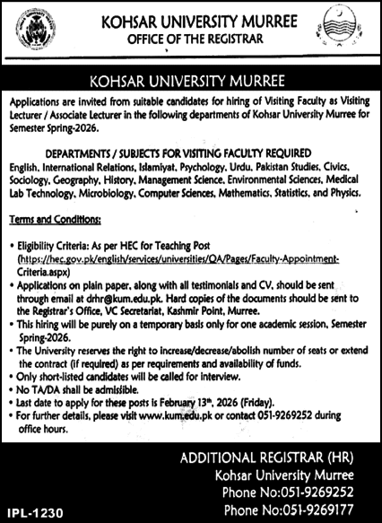 Kohsar University Murree Jobs 2026 February Visiting / Teaching Faculty Latest
