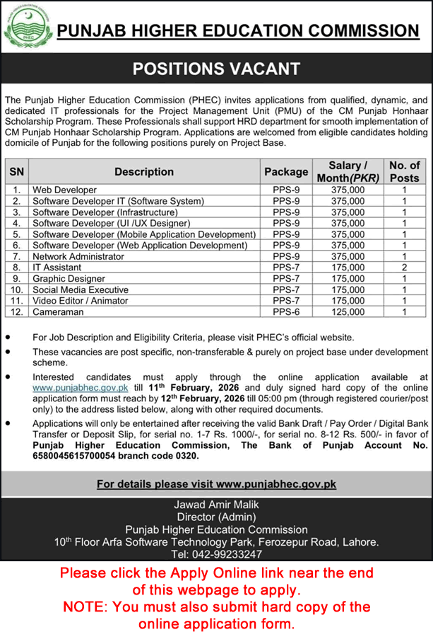 Punjab Higher Education Commission Jobs 2026 February Apply Online Software Developers & Others PHEC Latest