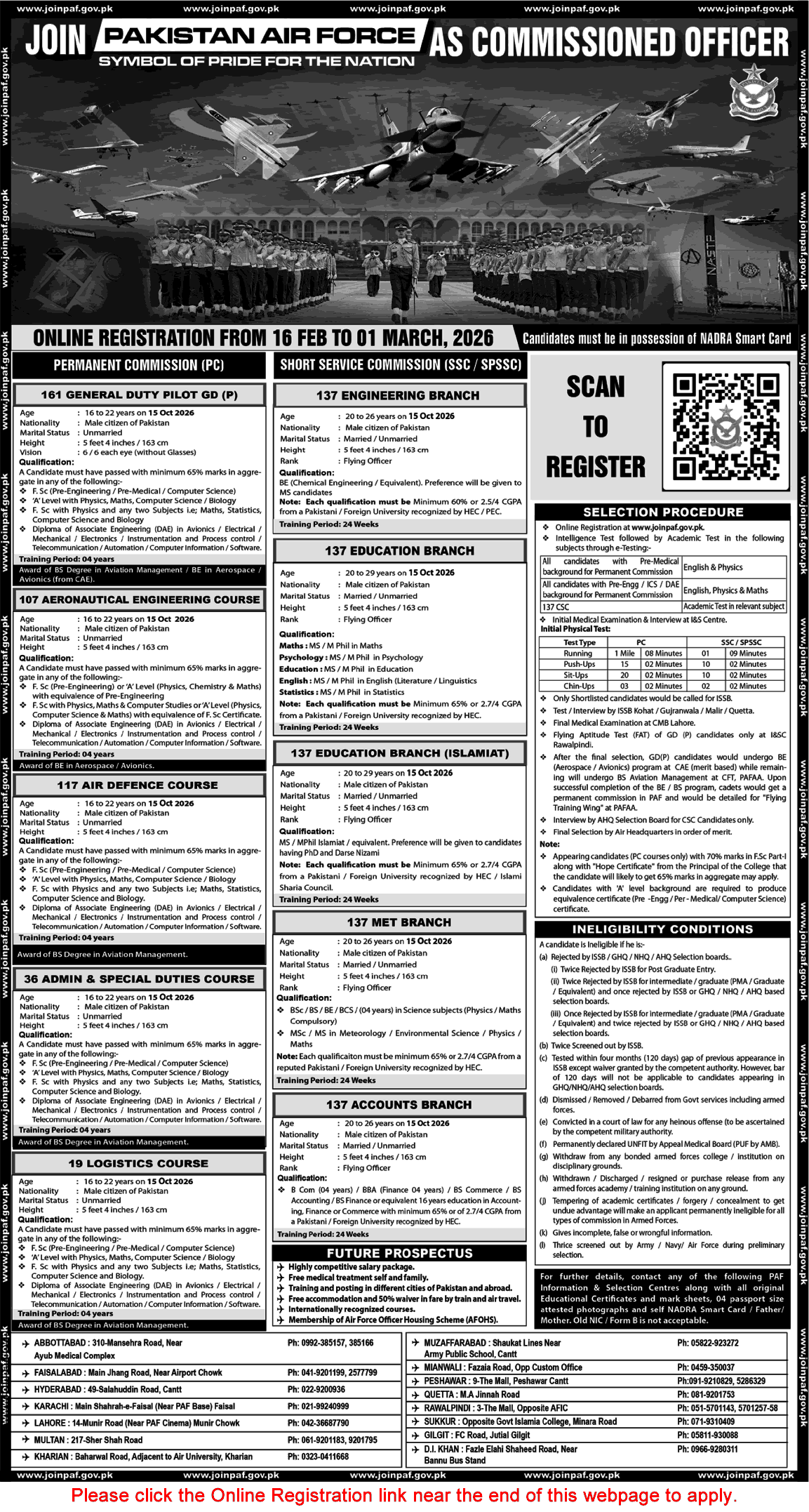 Join Pakistan Air Force as Commissioned Officer 2026 February Online Registration SSC, SPSSC & Permanent Commission Latest