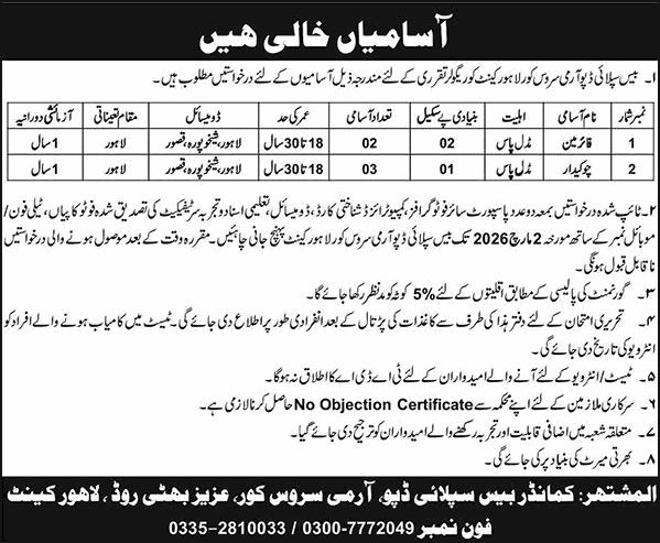 Base Supply Depot Army Service Corps Lahore Jobs February 2026 Fireman & Chowkidar Latest