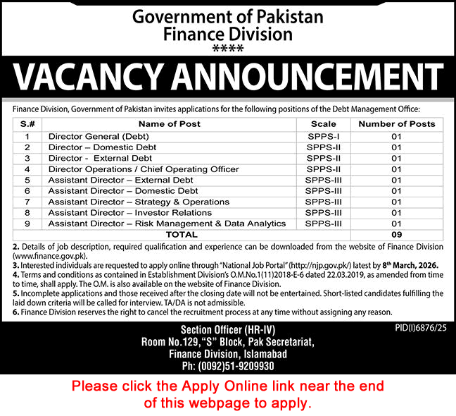 Finance Division Islamabad Jobs 2026 February Apply Online Assistant Directors & Others Latest