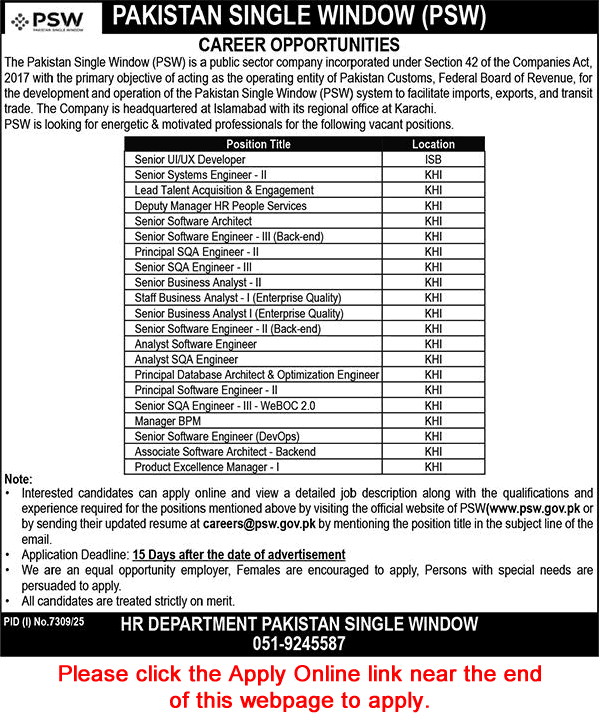 Pakistan Single Window Jobs March 2026 Apply Online Software Engineers & Others PSW Latest