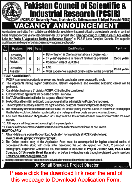 PCSIR Karachi Jobs 2026 March Application Form Lab Technologists / Analyst & Lab Assistant Latest