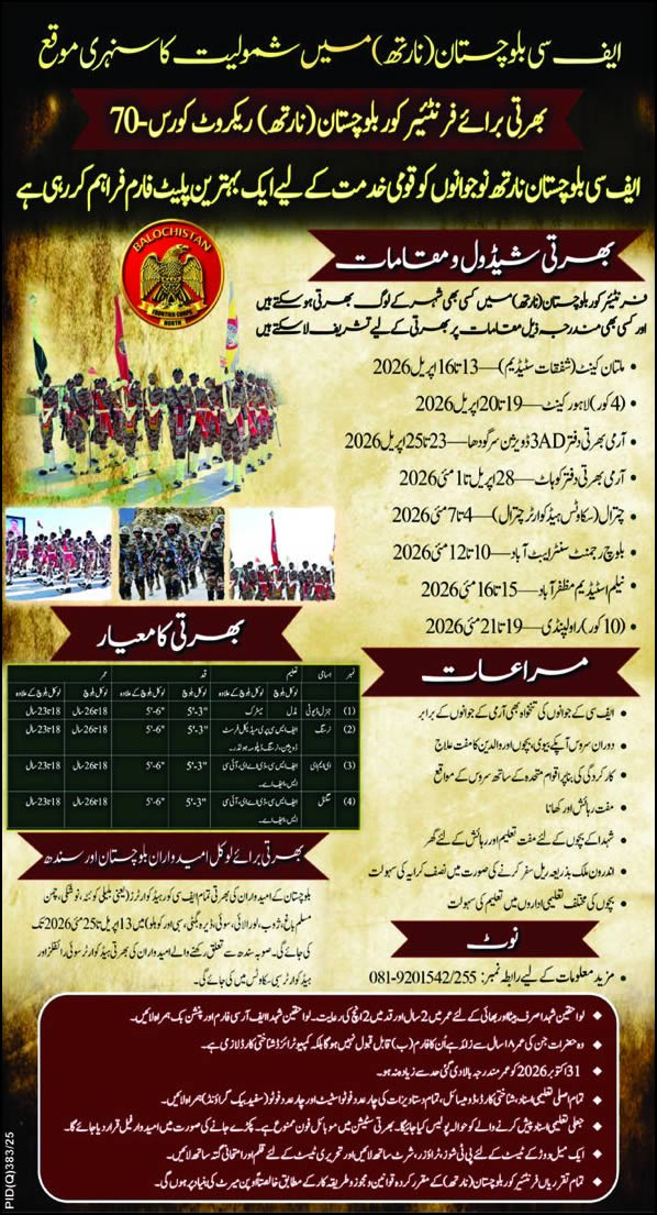 Frontier Corps Balochistan Jobs 2026 March / April FC General Duty Sipahi & Others 70th Batch North Latest