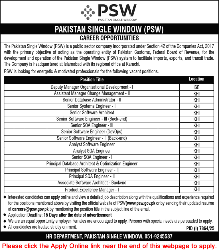 Pakistan Single Window Jobs March 2026 April Apply Online Software Engineers & Others PSW Latest