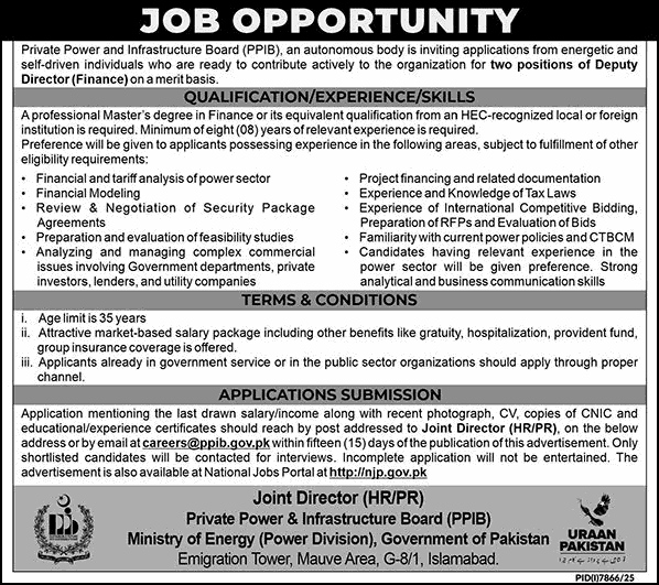 Deputy Director Finance Jobs in PPIB Islamabad 2026 March / April Private Power & Infrastructure Board Latest