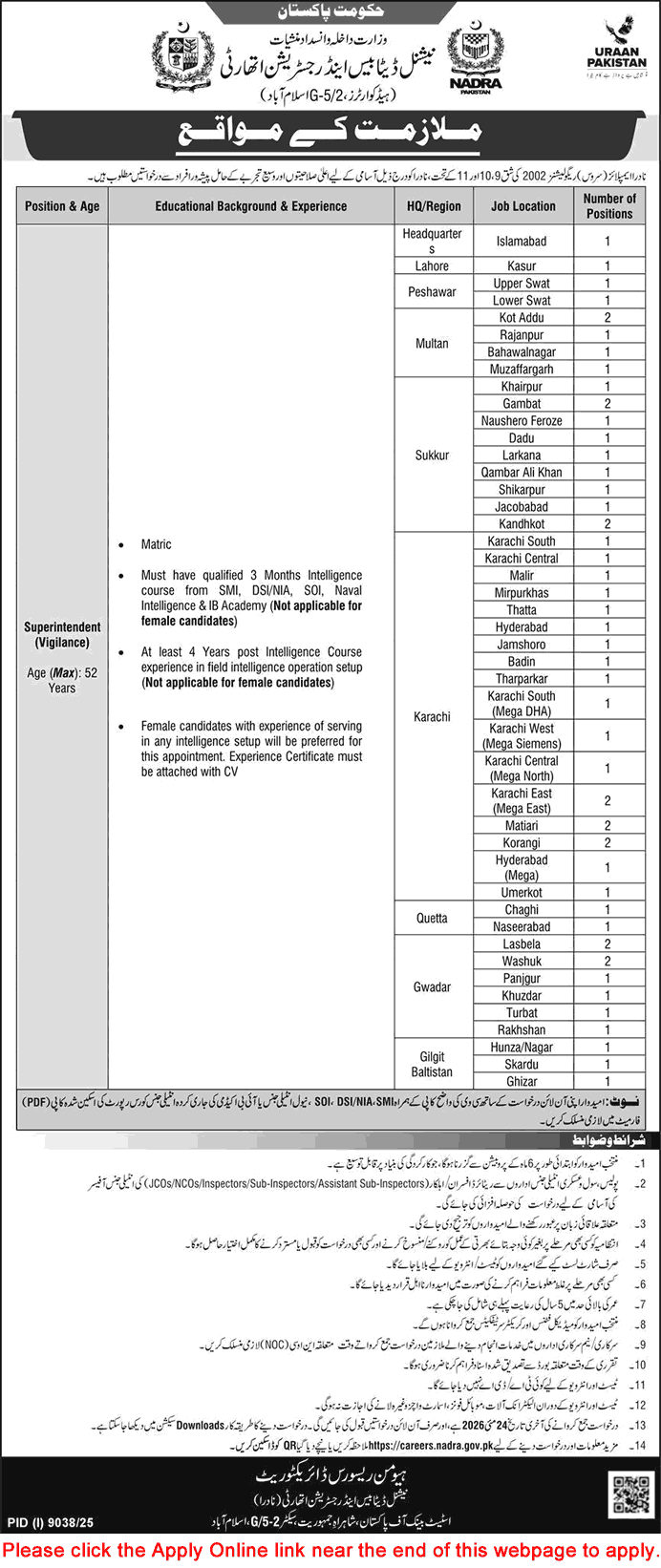 Vigilance Superintendent Jobs in NADRA May 2026 Apply Online National Database and Registration Authority Latest
