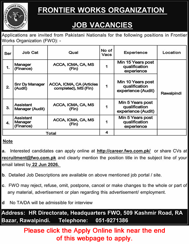 FWO Jobs June 2026 Apply Online Assistant Managers & Others Frontier Works Organization Latest