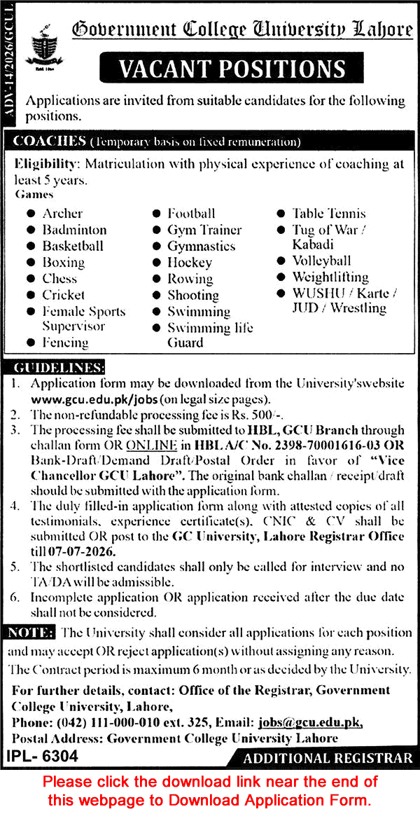 Coach Jobs in GC University Lahore June 2026 Application Form GCU Latest