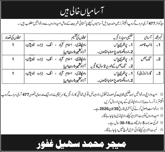 Headquarter 477 Army Survey Group Engineers Rawalpindi Jobs 2026 June Naib Qasid, Cook & Mali Latest