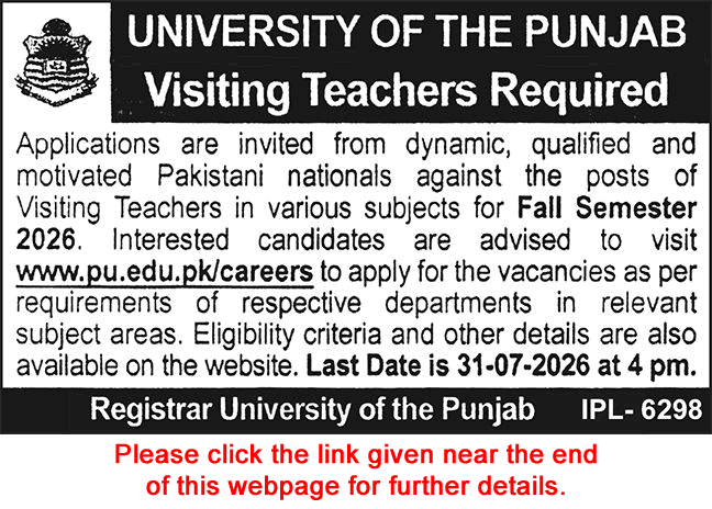 Visiting Faculty Jobs in University of Punjab Lahore June 2026 Apply Online Latest