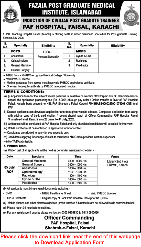 PAF Teaching Hospital Faisal Karachi FCPS / MCPS Postgraduate Training 2026 June / July Application Form FPGMI Latest