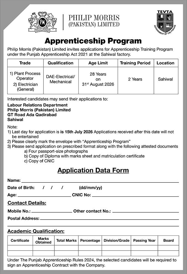 Philip Morris Pakistan Apprenticeship Program July 2026 at Sahiwal Factory Latest