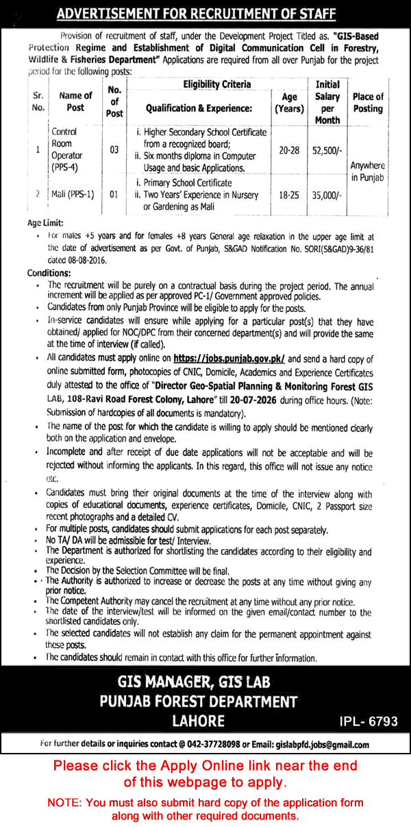 Forest Department Punjab Jobs July 2026 Apply Online Control Room Operators & Mali Latest