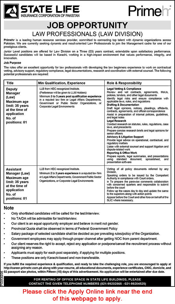 Law Manager Jobs in State Life Insurance Corporation of Pakistan July 2026 Apply Online Deputy / Assistant Managers SLIC Latest