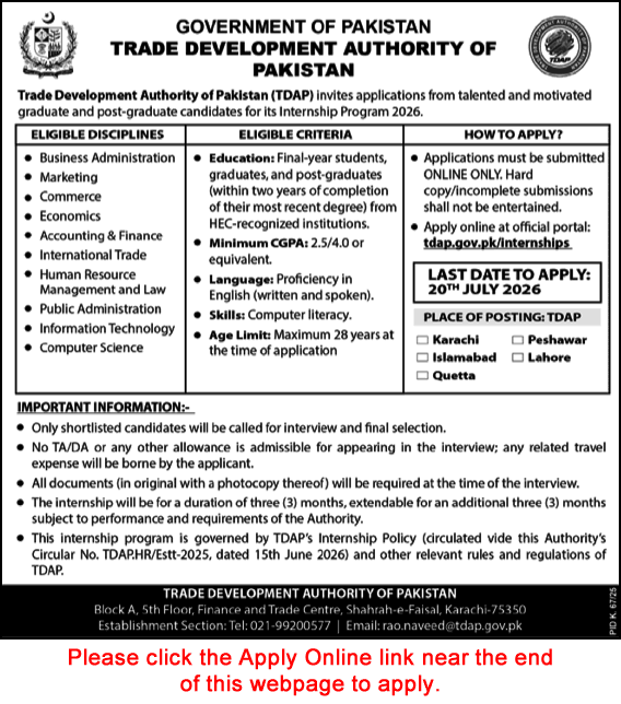 Trade Development Authority of Pakistan Internship Program July 2026 Apply Online TDAP Jobs Latest