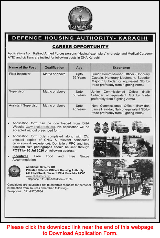 DHA Karachi Jobs July 2026 Application Form Field Inspector & Assistant / Supervisors Latest