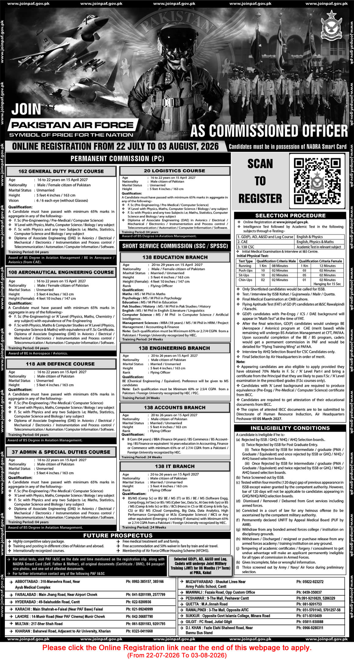 Join Pakistan Air Force as Commissioned Officer July 2026 Online Registration SSC, SPSSC & Permanent Commission Latest