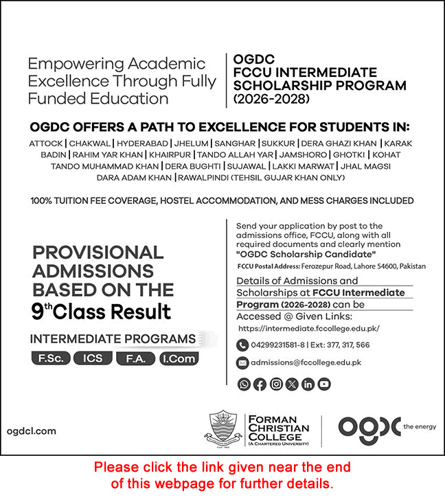 OGDC FCCU Intermediate Scholarship Program 2026 July / August Forman Christian College Latest