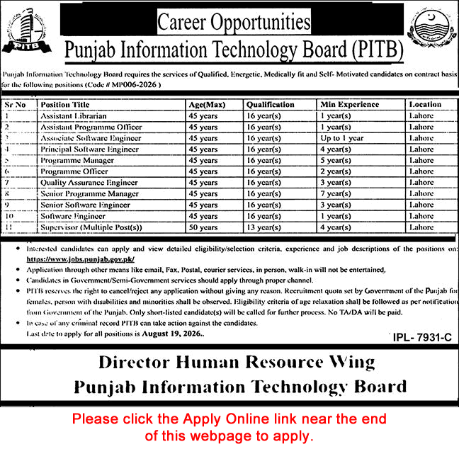 PITB Jobs August 2026 Apply Online Punjab Information Technology Board Latest